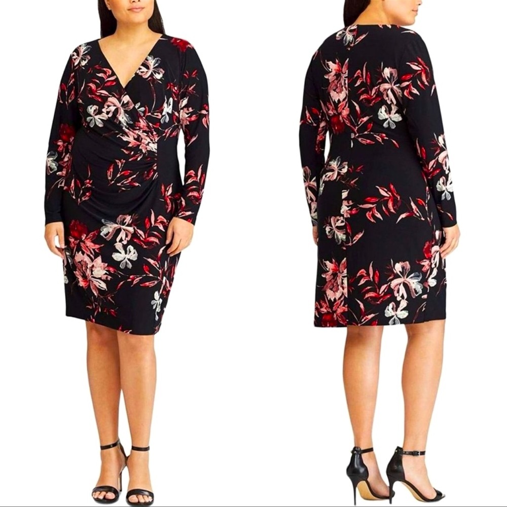Women Formal Dress Sz 8 American Living Hendrick Black Floral Ruched Long Sleeve